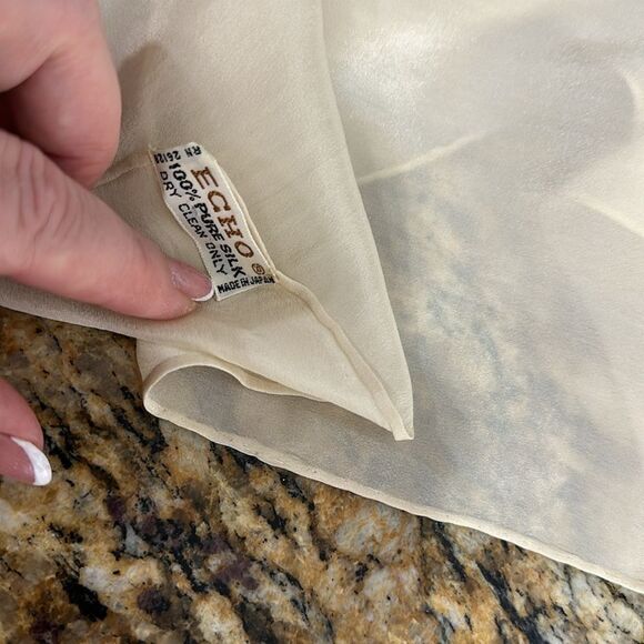 Echo Vintage Cream Pure Silk Semi Sheer Hand Rolled Square Scarf - Picture 2 of 4